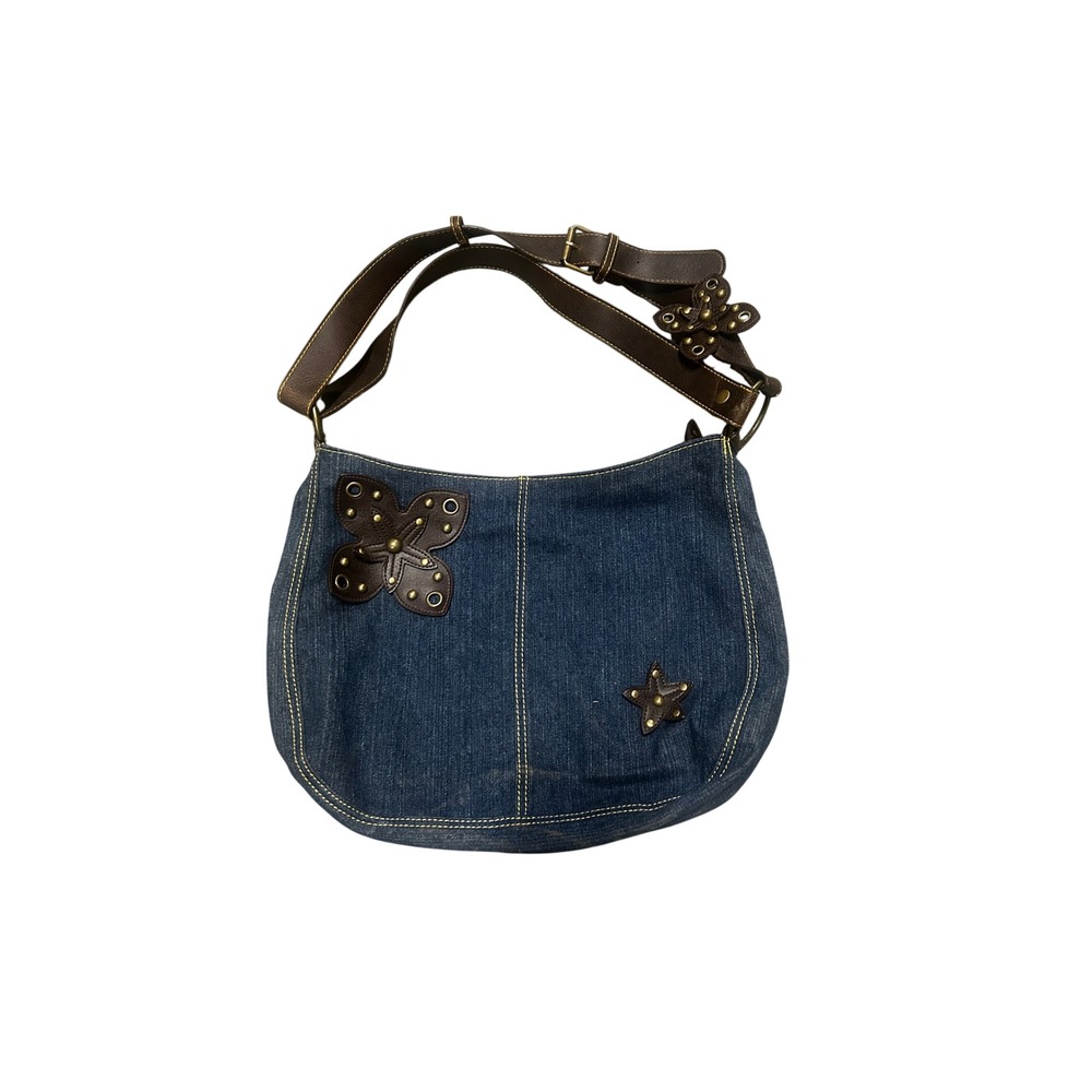 Vintage Y2K Denim Butterfly Studded Hobo Shoulder Bag Blue Brown Applique